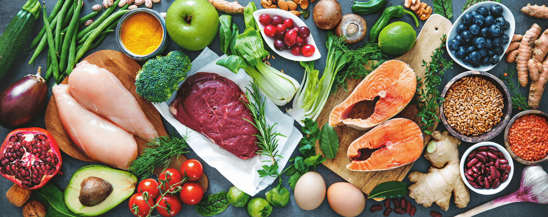 Organic food laid out for a balanced diet